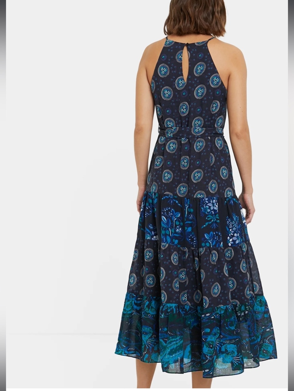 Desigual Embroidered Navy Midi Halter Dress with Teal & Cream Accents New Size L - Picture 6 of 8